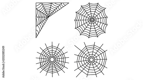 Obraz na płótnie Four Black And White Spiderwebs On A White Background Linear Vector Illustration