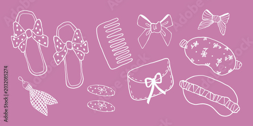 Photos Hand drawn sleep and beauty care elements set, line art slippers, sleeping mask,