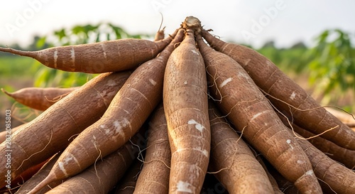 Freshly harvested cassava roots piled in an agricultural field at sunset