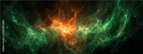 Photography Cosmic nebula a celestial wonder, ablaze vibrant hues of orange and green, swirling ethereal gas clouds, distant stardust, forming astronomical masterpiece