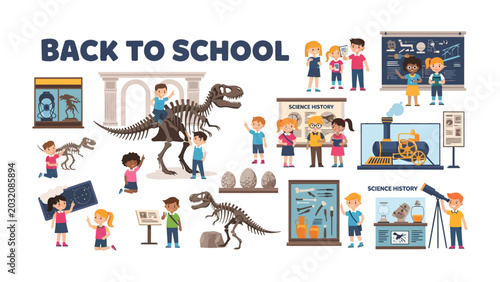 Back to School Educational Theme: A vibrant illustration depicts children engaged in various learning activities, from exploring dinosaur exhibits to reading books.