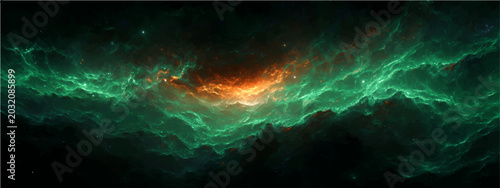Photos Vast expanse cosmic nebula glows ethereal emerald and fiery orange hues, suggesting nascent stellar formation and the immensity of the universe