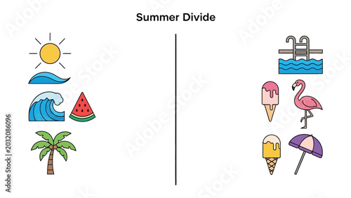 Obraz na płótnie Summer Divide Visual Metaphor: This graphic illustrates the concept of Summer Divide, contrasting elements of the beach and ocean on the left with summer leisure activities on the right