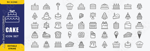 Cake  line icon set, birthday celebration sweet food symbol, cupcake and pastry bakery item, wedding cake and macaron, delicious treat vector illustration with editable stroke
