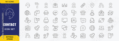 Contact Us web icons in line style. Web and mobile icon. Chat, point, chat, support, message, phone, globe, call, info collection. Editable stroke. Vector illustration