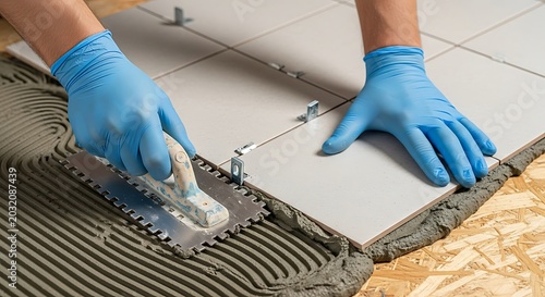 Installing ceramic tiles on floor with notched trowel and adhesive mortar