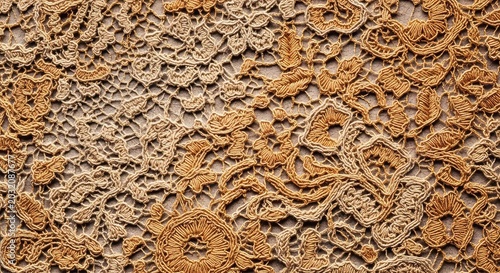 Exquisite lace texture with detailed interwoven patterns bathed in warm amber and beige tones, creating a sophisticated background for design, mesh, interwoven, pattern