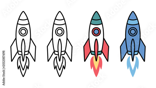 Obraz na plátně Stylized Rocket Illustrations With Flame Effects On White Background rockets spa