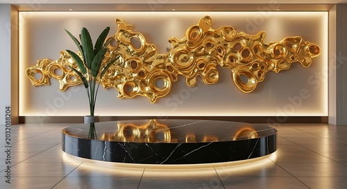 Modern Luxury Product Display Stage with Black Marble Podium and Golden Wall Art