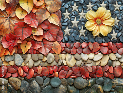 A Stunning U.S. Flag Composed of Flowers, Leaves, and Small Stones