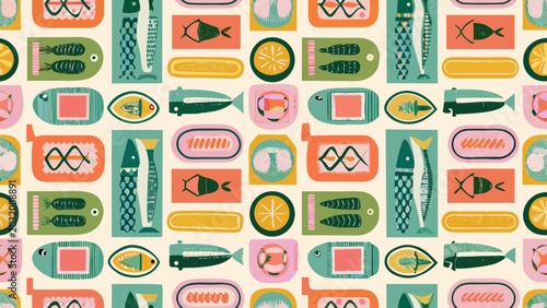 Billede på lærred Fish and marine life pattern a repeating vector illustration with mid century mo