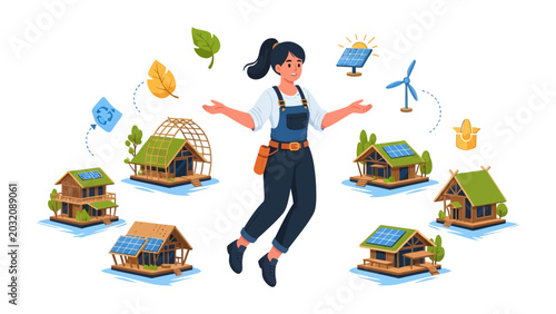 Tableau sur toile Eco-Friendly Living Concept: A woman surrounded by eco-friendly houses and sustainable energy symbols like solar panels and wind turbines