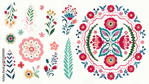 Bild auf Leinwand Floral ornament collection with stylized blossoms and foliage a vibrant vector i