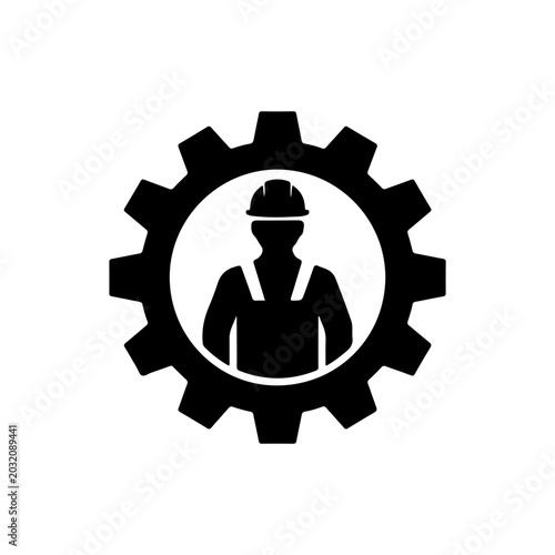 Construction engineer worker icon inside industrial gear wheel