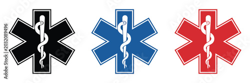 Konstfotografi Star of Life EMS Icon Set Featuring Rod of Asclepius Medical Symbol Vector for E