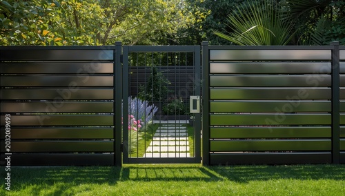Contemporary metal yard fencing with horizontal metal panels.