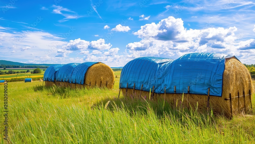 Obraz premium Covered straw bales stacked in a field to protect from rain.