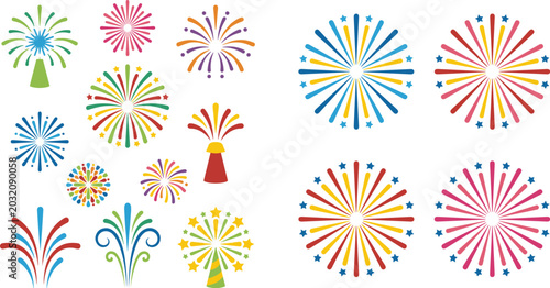 Bilde på lerret Festive colorful fireworks illustration collection featuring radiant bursts, sta