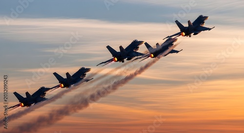 Formation of Fighter Jets Flying in Formation Against a Dramatic Sunset Sky