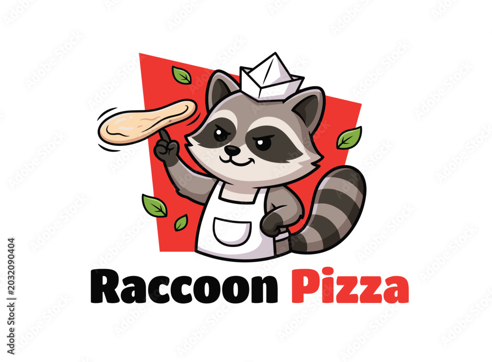 Fototapeta premium Cute cartoon raccoon chef spinning pizza dough logo design for fast food restaurant