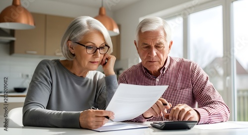 Senior Couple Reviews Financial Documents Together Calculating Investments