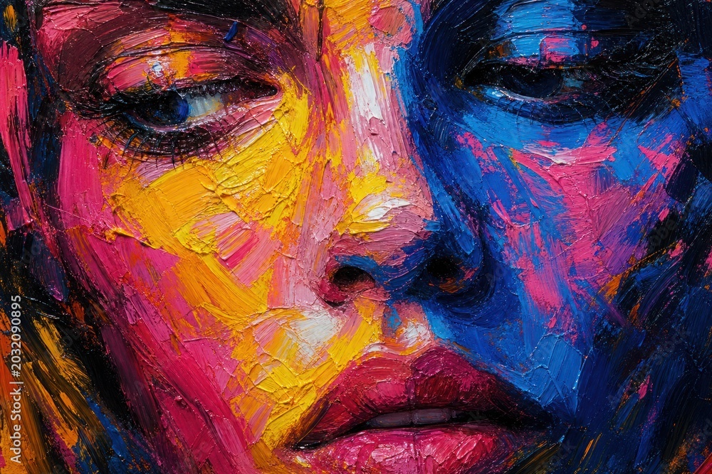 Fototapeta premium Impasto oil painting of a woman's face, colorful abstract portrait with thick brushstrokes, vibrant expressive female artwork in pink and blue isolated PNG with Transparent Background