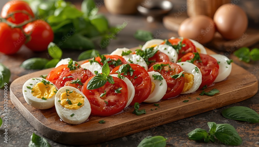 Obraz premium Delicious caprese salad featuring mozzarella, avocado, and eggs on a platter.