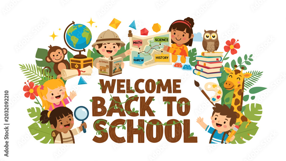 Fototapeta premium Welcome Back to School Adventure: Children embark on an exciting educational journey surrounded by jungle animals and learning tools.