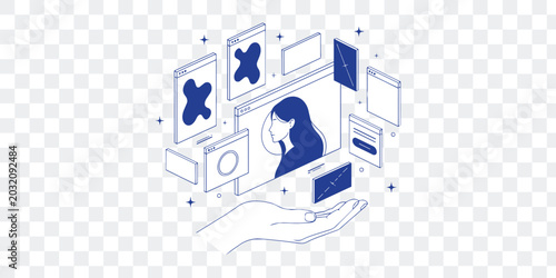 Digital Content Management Concept with Hand and Floating UI Elements. Modern Isometric Line Art for Web, Social Media Technology