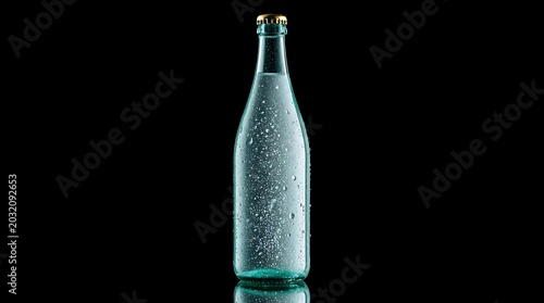 Clear glass bottle filled with refreshing water and condensation droplets