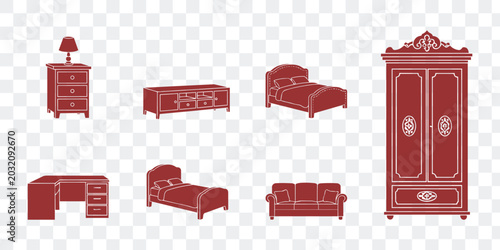 Classic Home Furniture Vector Icons Set Bedroom, Living Room Office Elements Bed, Sofa, Desk, Wardrobe Silhouettes