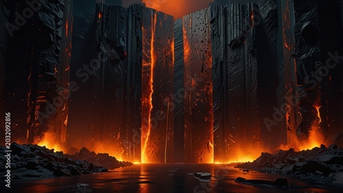 Ancient Stone Monolith Cliff With Glowing Molten Orange Cracks and Fire Atmosphere Background