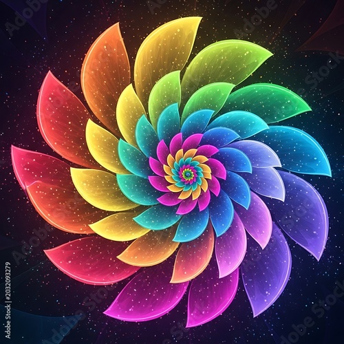 Vibrant Rainbow Fractal Spiral with Glowing Petals on Dark Cosmic Background