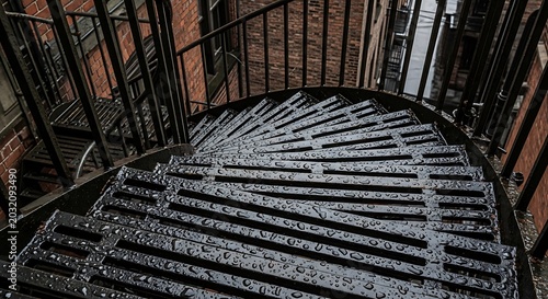 Wet black metal spiral staircase with raindrops in an urban alleyway