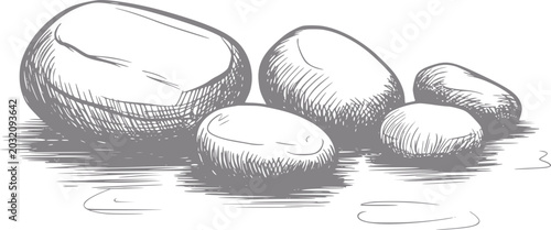 Photography A hand-drawn of a group of smooth river stones arranged together on a white back