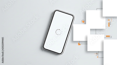 Futuristic smartphone loading icon on screen, abstract geometric tech background, progress, digital interface, technology concept