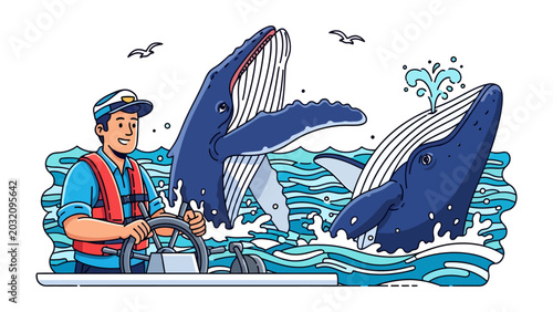 Foto Whale Watching Adventure: A cheerful captain steers a boat through choppy waters as two majestic whales breach the surface in a lively marine encounter