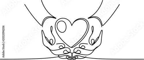 Hands holding heart continuous line drawing with minimalist illustration continuous kindness