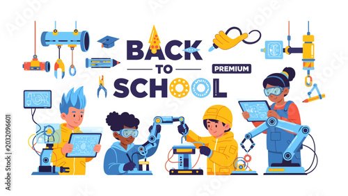 Foto Back to School STEM Education: Children engage in hands-on STEM activities, building robots and exploring technology, celebrating the start of a new academic year with innovation and discovery