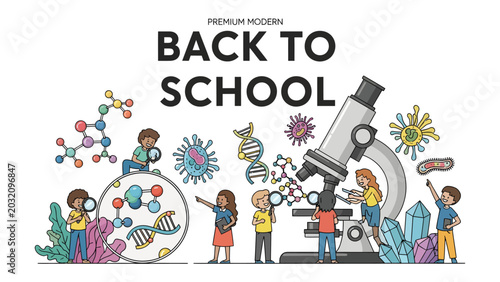 Fényképezés Back to School Science Adventure: A vibrant illustration depicts children exploring the wonders of science with a giant microscope, DNA strands, and molecular structures