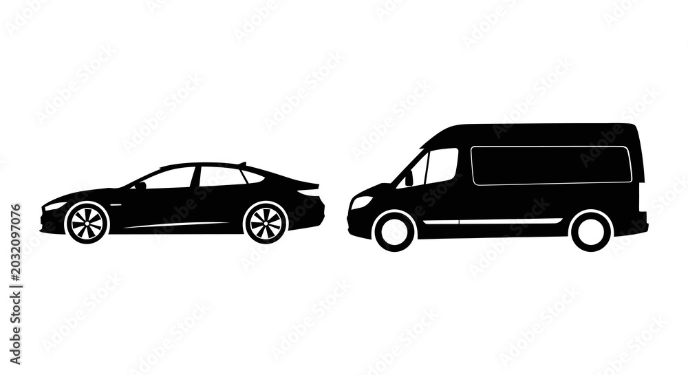 Fototapeta premium Sedan And Van Silhouettes Against White Background