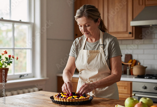 Mature Woman Baking Fruit Tart in Traditional Kitchen