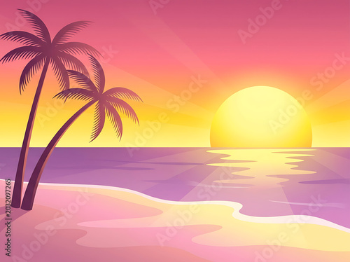 Tropical beach sunset with palm trees ocean vector illustration