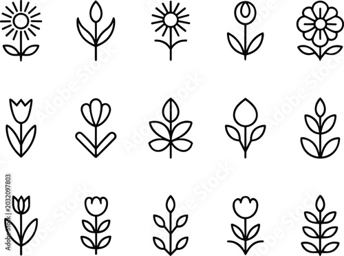 Photos Minimalist line drawn floral icons featuring diverse botanical styles on flat-de