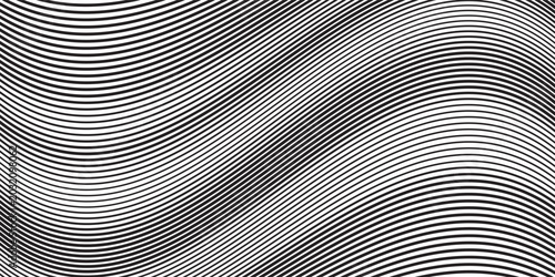 Fotografie Abstract Halftone Black and White Wavy Lines Textured Background with 3D Illusion and Twisting Movement Effect