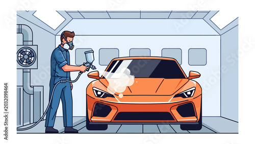 Photos Car Painting Booth: A mechanic in protective gear meticulously sprays a vibrant orange sports car inside a state-of-the-art painting booth, ensuring a flawless finish
