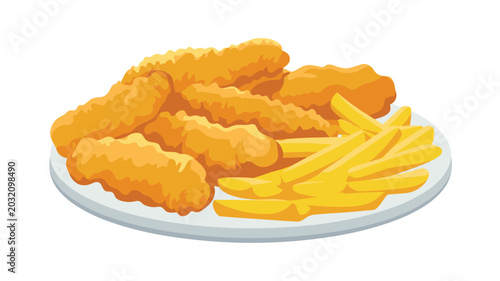 A plate of breaded chicken tenders with golden french fries is served against a clean white background in a simple flat illustration style with vibrant color palette.