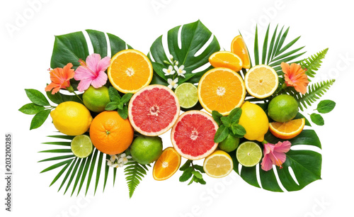 Vibrant fruit arrangement with tropical leaves nature food art aesthetic design isolated on transparent background