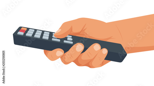 A hand grips a black television remote control with colorful buttons while positioned against a plain, light-toned background to highlight the ergonomic physical design.