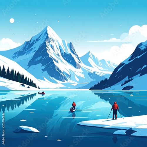 People skiing on frozen lake mountain.